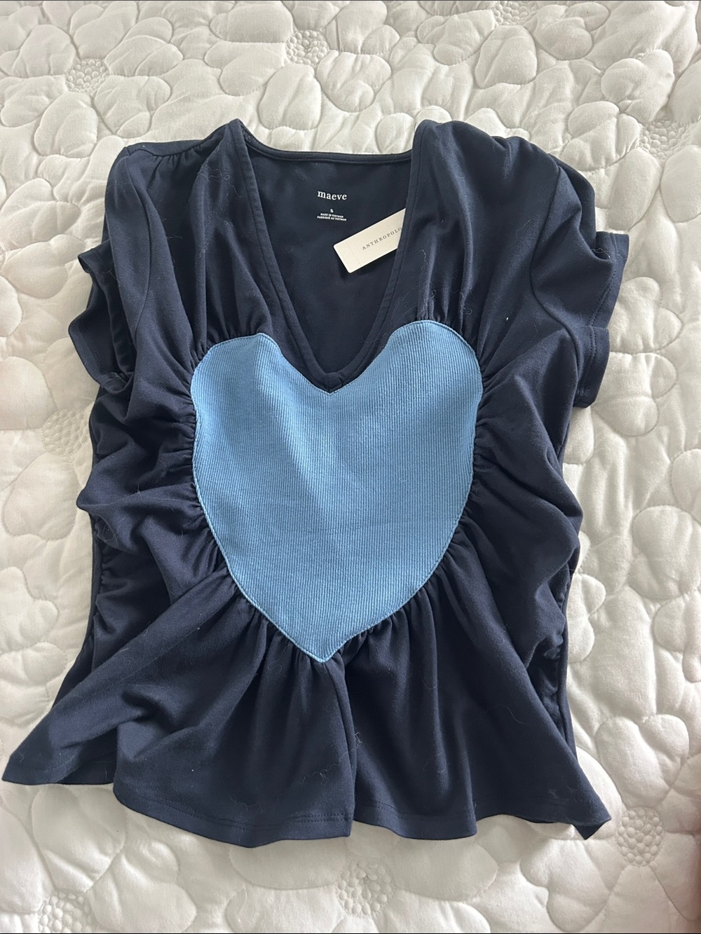 Anthropologie Navy Short-Sleeve V-Neck Top with Light Blue Heart
